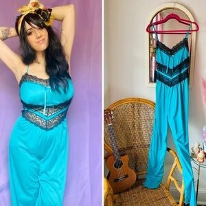 Vintage 80s Teal and Black Lace Lingerie Jumpsuit